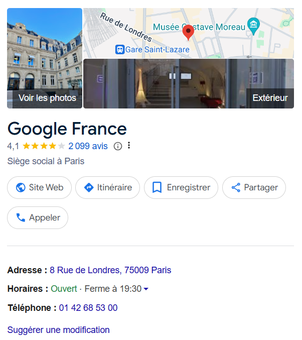 Fiche d'établissement Google du siège social Google France. 