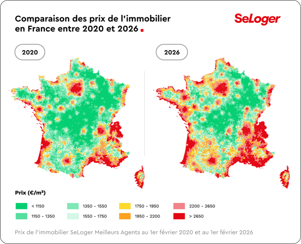 Comparaison des prix de l'immobilier en France, entre 2020 et 2026.