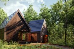 Vue sur 2 tiny houses en bois dans la forêt