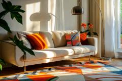 Un salon très coloré avec des touches d'orange. 