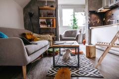 vue sur salon et kitchenette d'un studio d'étudiant 
