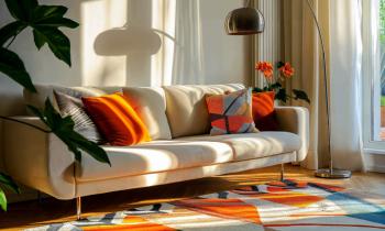Un salon très coloré avec des touches d'orange. 