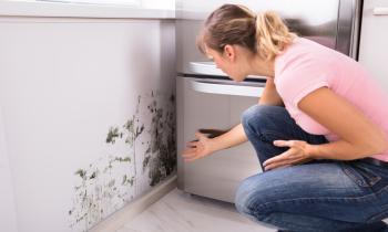 Une femme blonde découvre choquée des traces de moisissure sur l'un des murs de sa cuisine