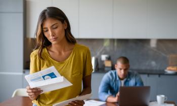 Woman at home looking worried getting bills in the mail