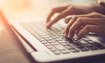 Laptop, Computer, Desktop PC, Human Hand, Office / soft focus picture / Vintage concept