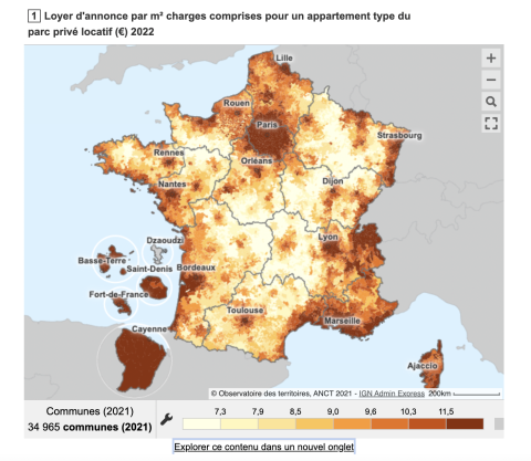 Les zones foncées correspondent aux zones où les loyers sont les plus élevés.