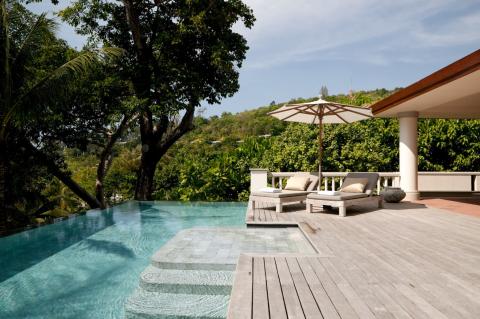 Terrasse avec piscine à débordement et vue sur la forêt