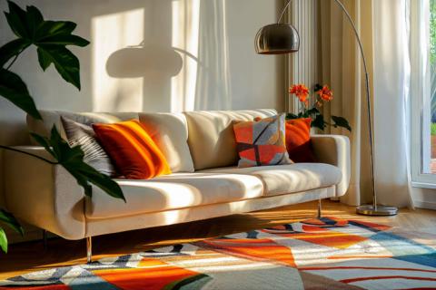 Un salon très coloré avec des touches d'orange.