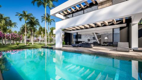 Vue sur villa de luxe avec piscine