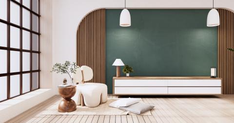 Wooden Cabinet on muji green room wooden interior. 3D rendering