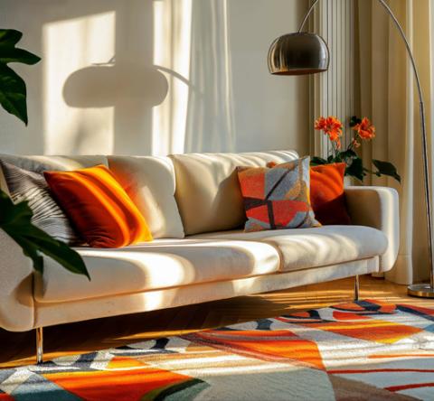 Un salon très coloré avec des touches d'orange. 