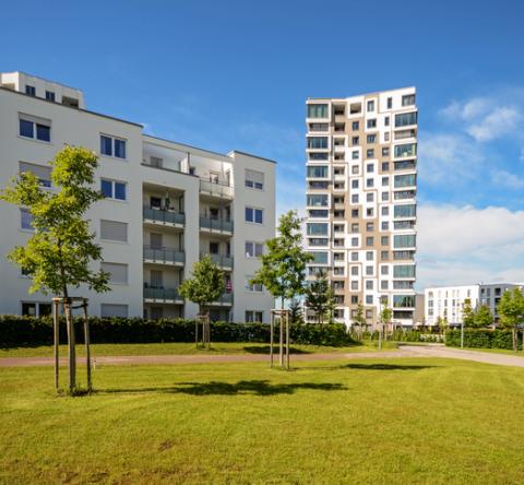 Immeubles récents, verdure, et ciel bleu... 